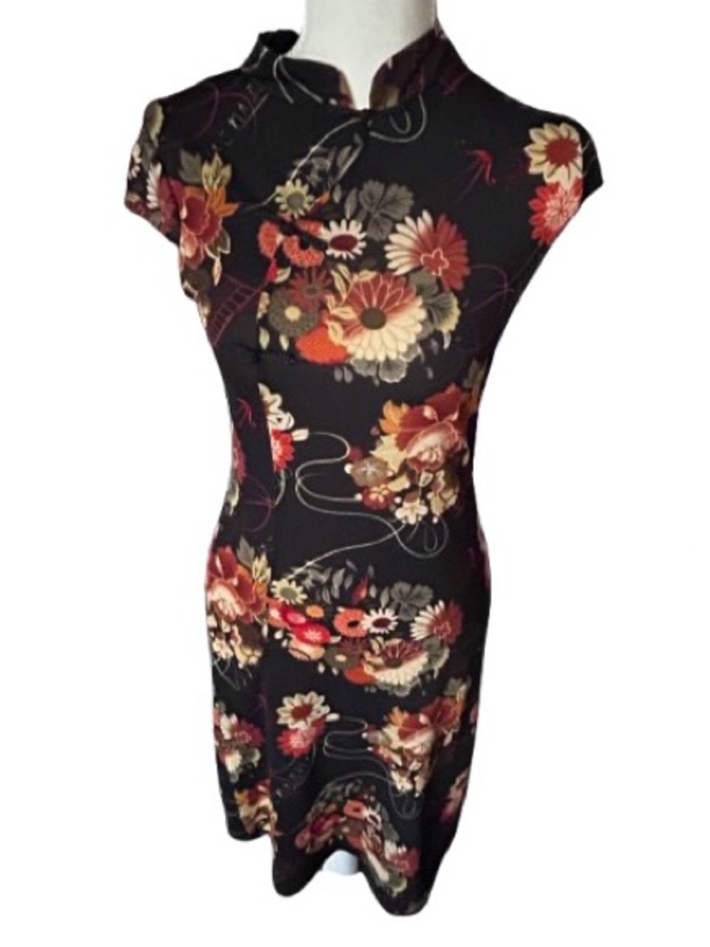 Vintage XXI Y2K 90s Spandex Dress Oriental Floral Fitted Black Bodycon XS Small